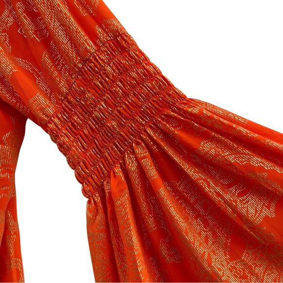 Michael Kors Poppy/Gold Samara Smocked Bell Sleeve Tunic Metallic Blouse Size 2X - Picture 6 of 13